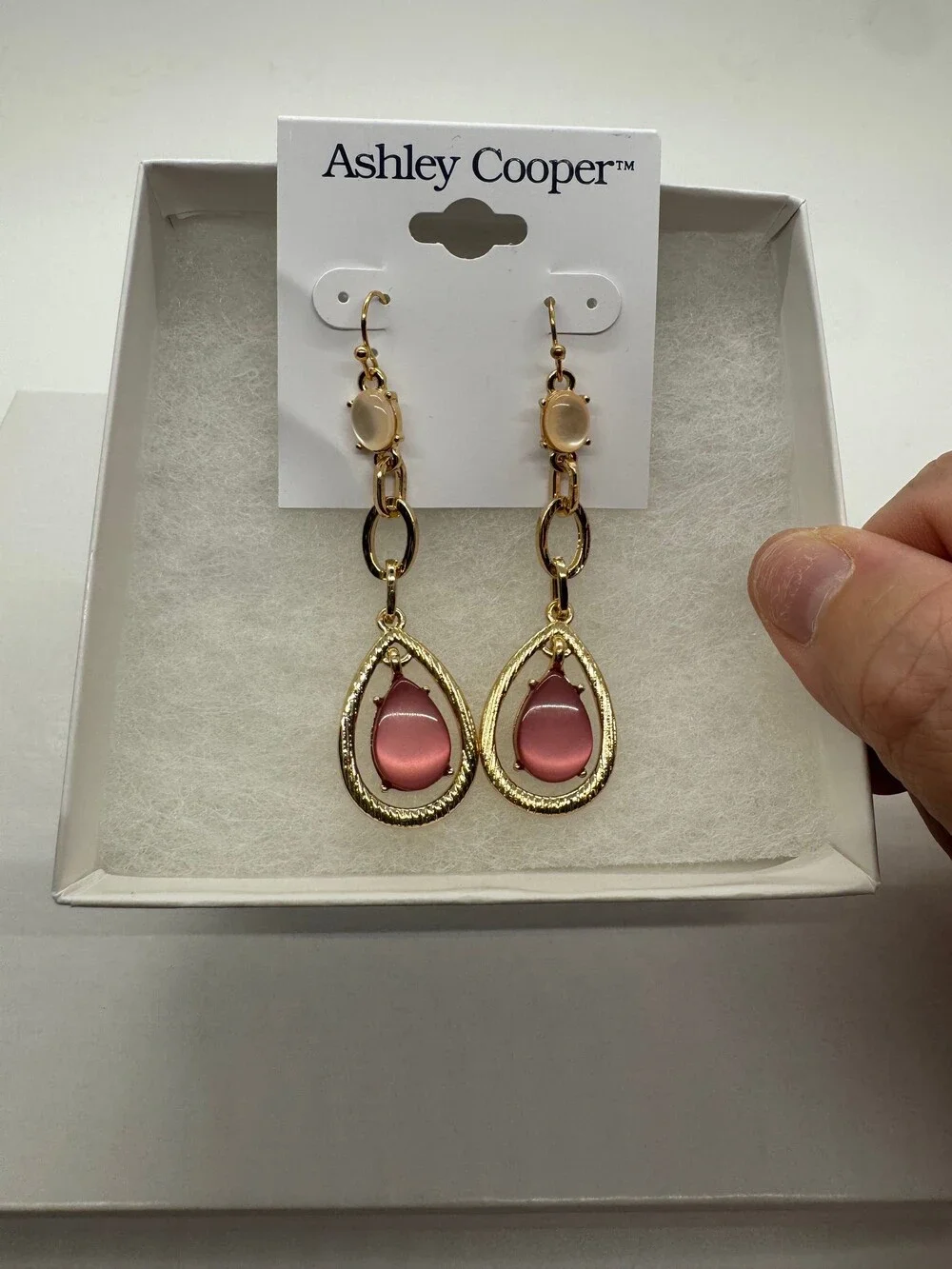 Ashley Cooper Gold Tone Pink Moonstone Teardrop Dangle Earrings New